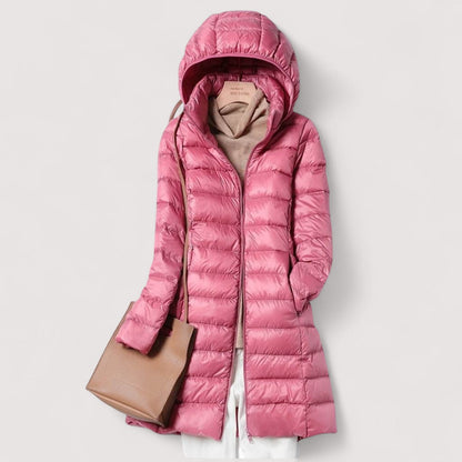 Effortless Quilted Puffer Jacket for Women with Hooded Long Sleeve Zip Front Longline Casual Style
