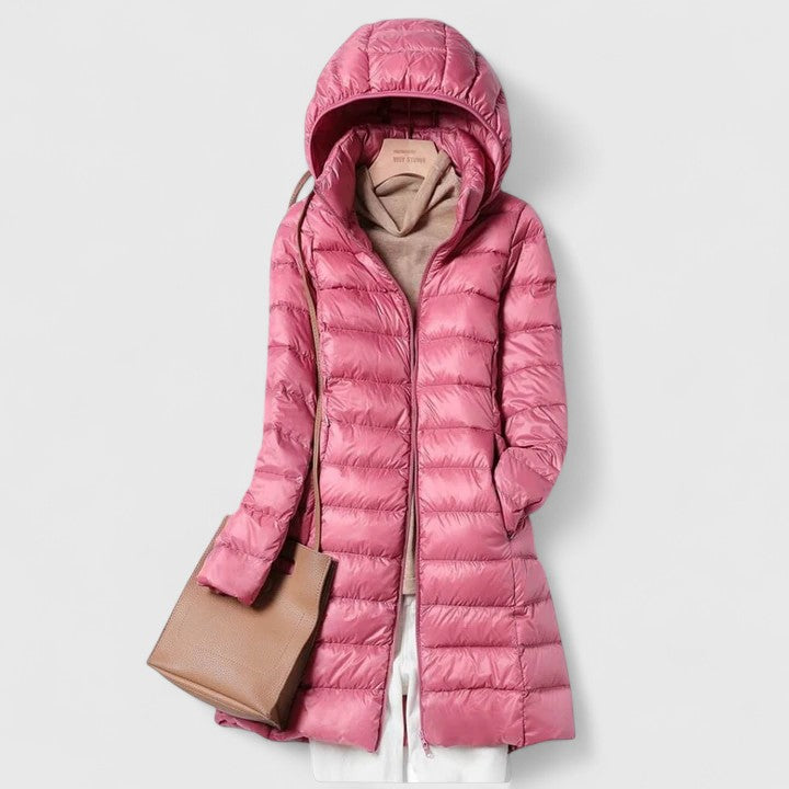 Effortless Quilted Puffer Jacket for Women with Hooded Long Sleeve Zip Front Longline Winter Style