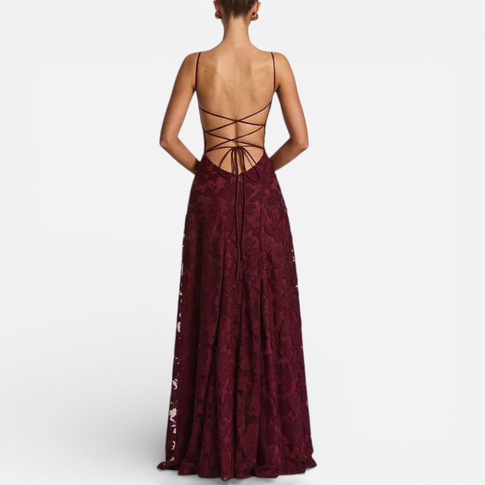 Elegant Lace Maxi Cocktail Dress for Women with Square Neck Spaghetti Strap Ruched Flowing Style
