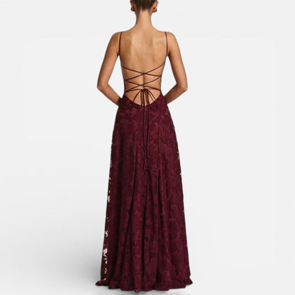Elegant Lace Maxi Cocktail Dress for Women with Square Neck Spaghetti Strap Ruched Flowing Style