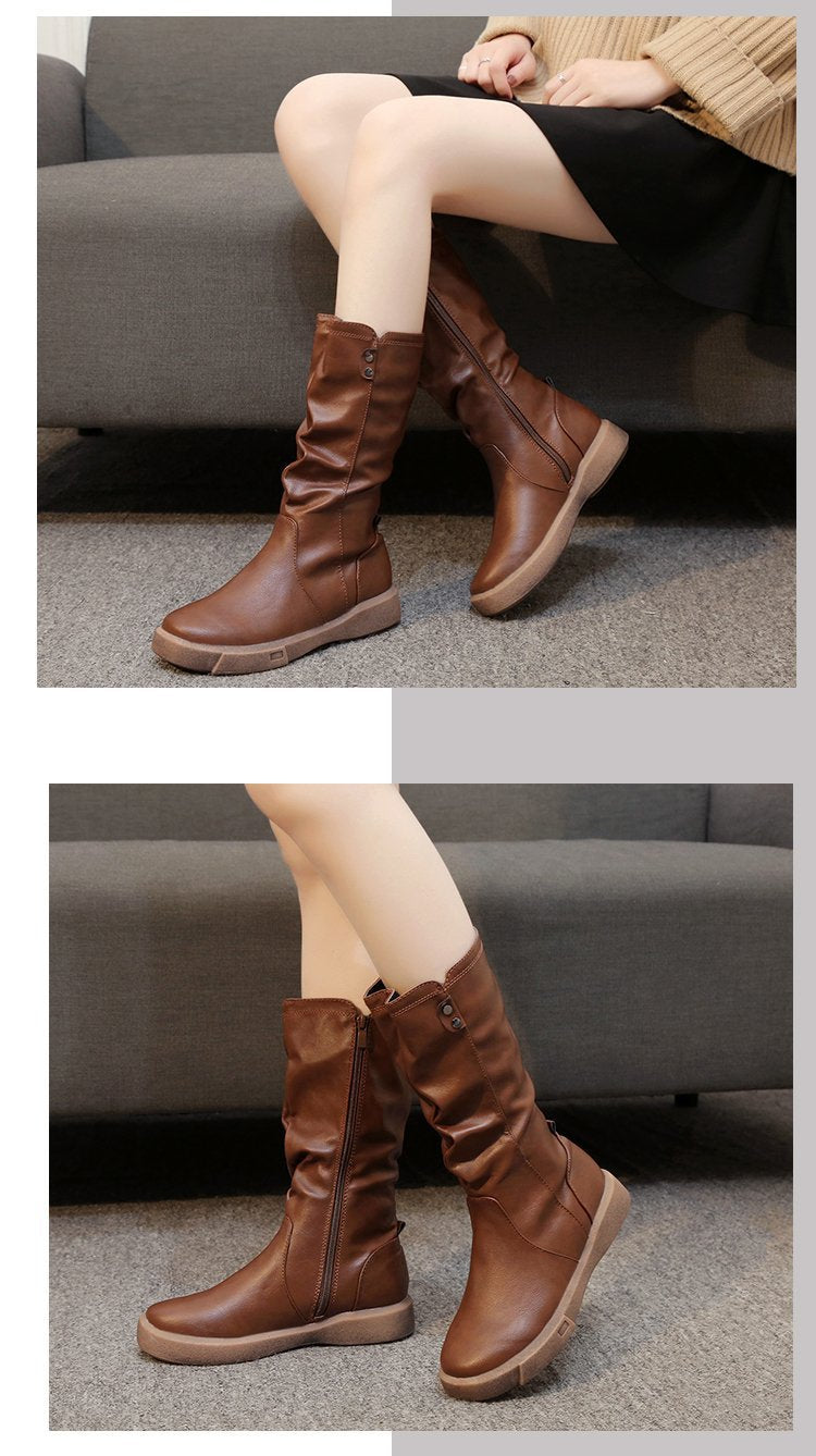 Effortless Leather Mid Calf Waterproof Boots for Women with Side Zip Slouchy Shaft Stacked Heel Style