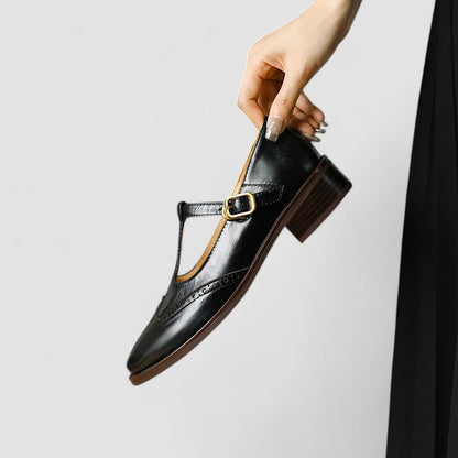 Comfortable Mary Jane Shoes for Women with Round Toe T Strap Brogue Buckle Flat Style