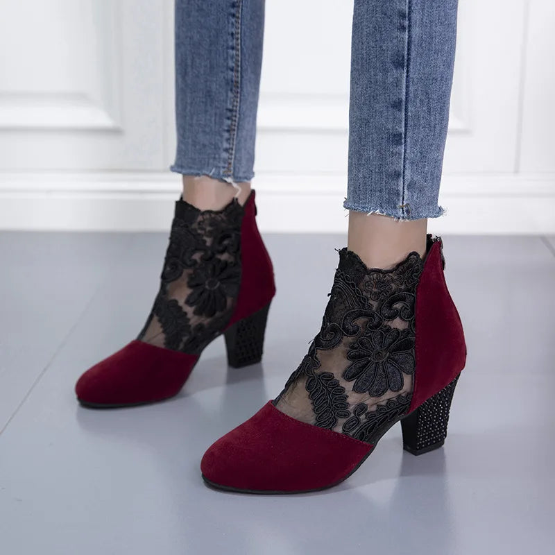 Chic Lace Mesh Women Boots for Women with Pointed Toe Chunky Block Heel Ankle Style