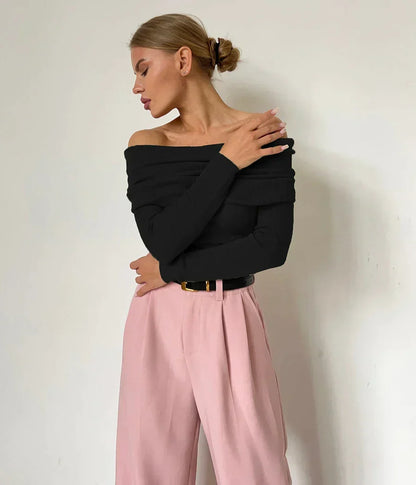 Effortless Ribbed Off The Shoulder Top for Women with Foldover Collar Long Sleeve Fitted Casual Style