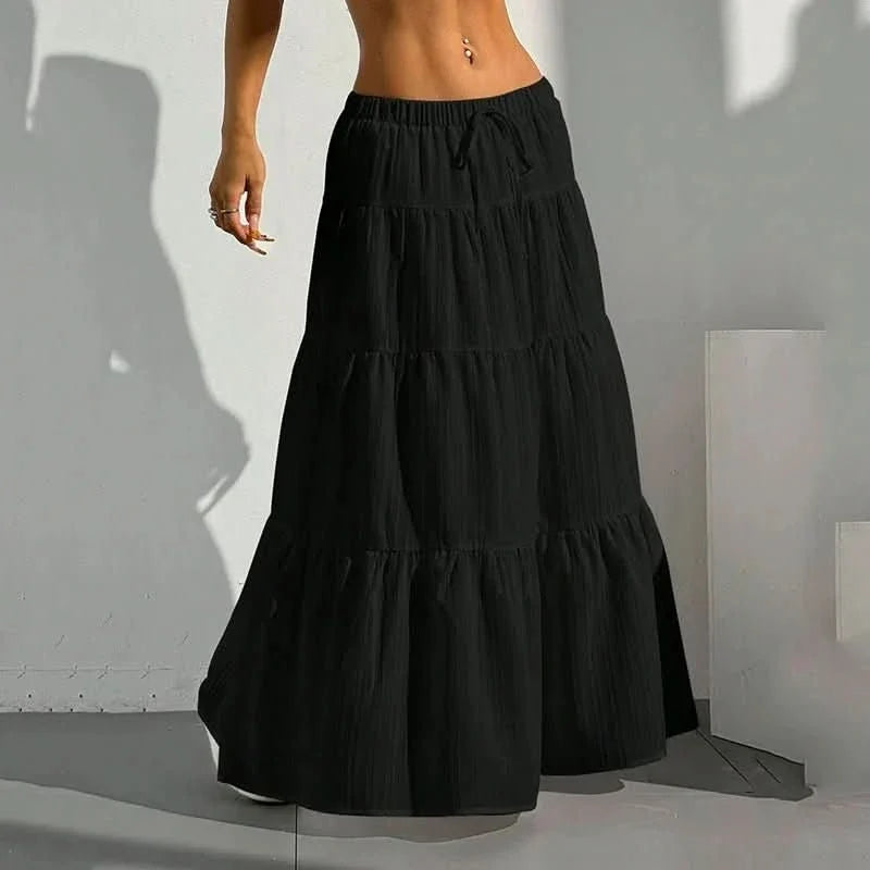 Effortless Tiered Maxi Skirt for Women with Elastic Drawstring Waist Ruffle Hem Bohemian Style