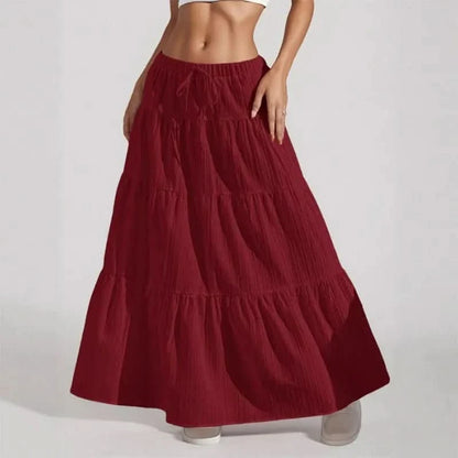 Effortless Tiered Maxi Skirt for Women with Elastic Drawstring Waist Ruffle Hem Bohemian Style