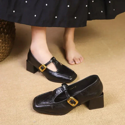 Elegant Mary Jane Shoes for Women with Buckle Strap Block Heel Square Toe Style