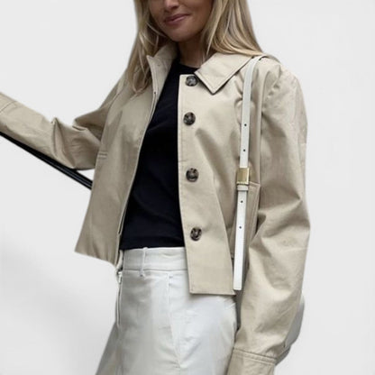 Elegant Beige Cropped Jacket for Women with Collar Long Sleeve Button Front Relaxed Style