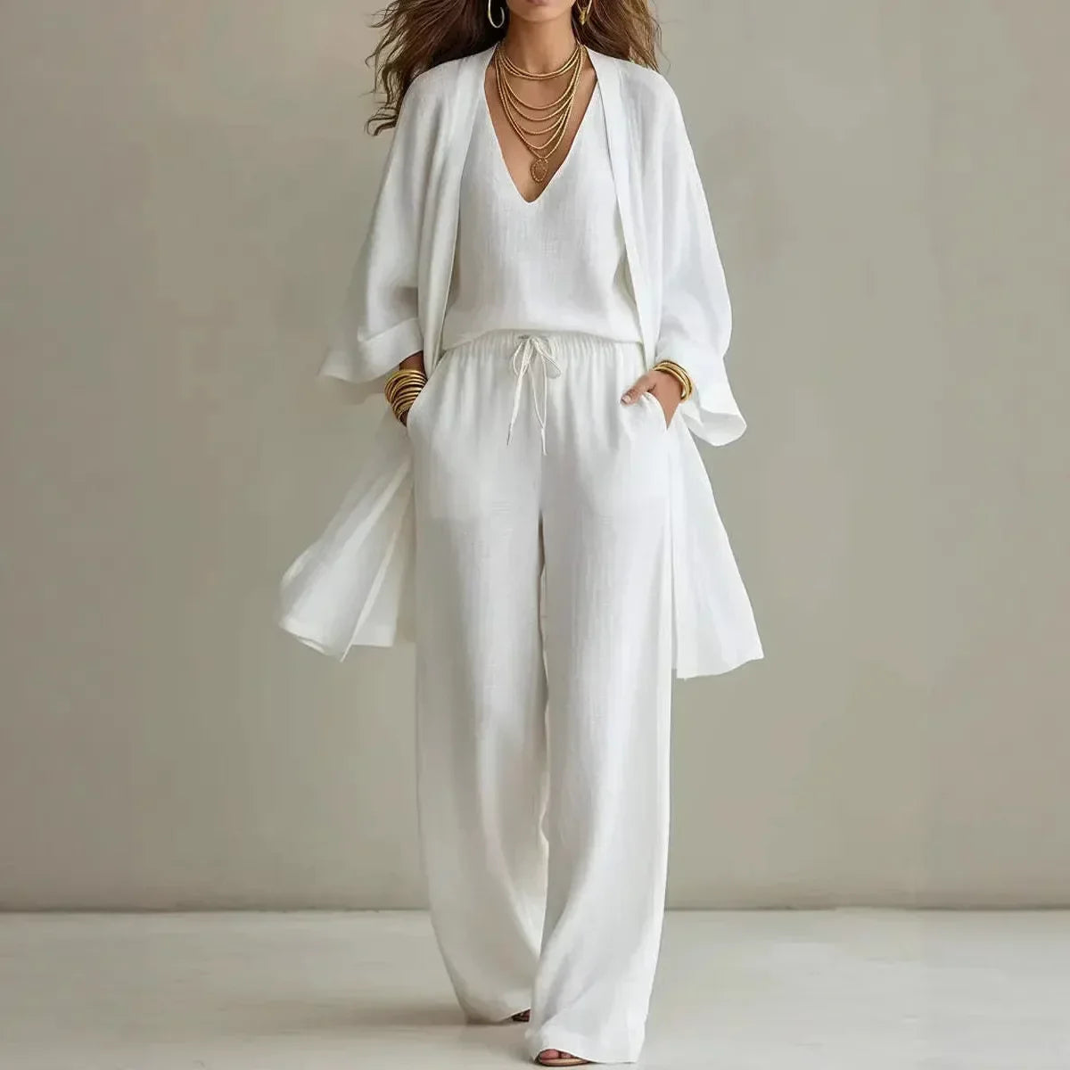 Effortless Linen Cardigan Set for Women with V Neck Sleeveless Open Front Wide Leg Three Piece Style