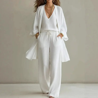 Effortless Linen Cardigan Set for Women with V Neck Sleeveless Open Front Wide Leg Three Piece Style