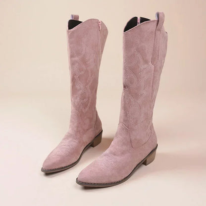 Stylish Suede Embroidered Women's Boots for Women with Pointed Toe Stacked Heel Western Cowgirl Style