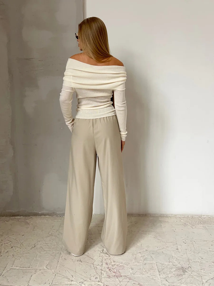 Effortless Ribbed Off The Shoulder Top for Women with Foldover Collar Long Sleeve Fitted Casual Style