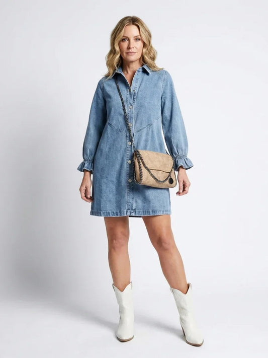 Effortless Denim Dress for Women with Collar Long Sleeve Ruffle Cuff Button Front Mini Western Style