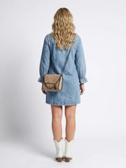 Effortless Denim Dress for Women with Collar Long Sleeve Ruffle Cuff Button Front Mini Western Style