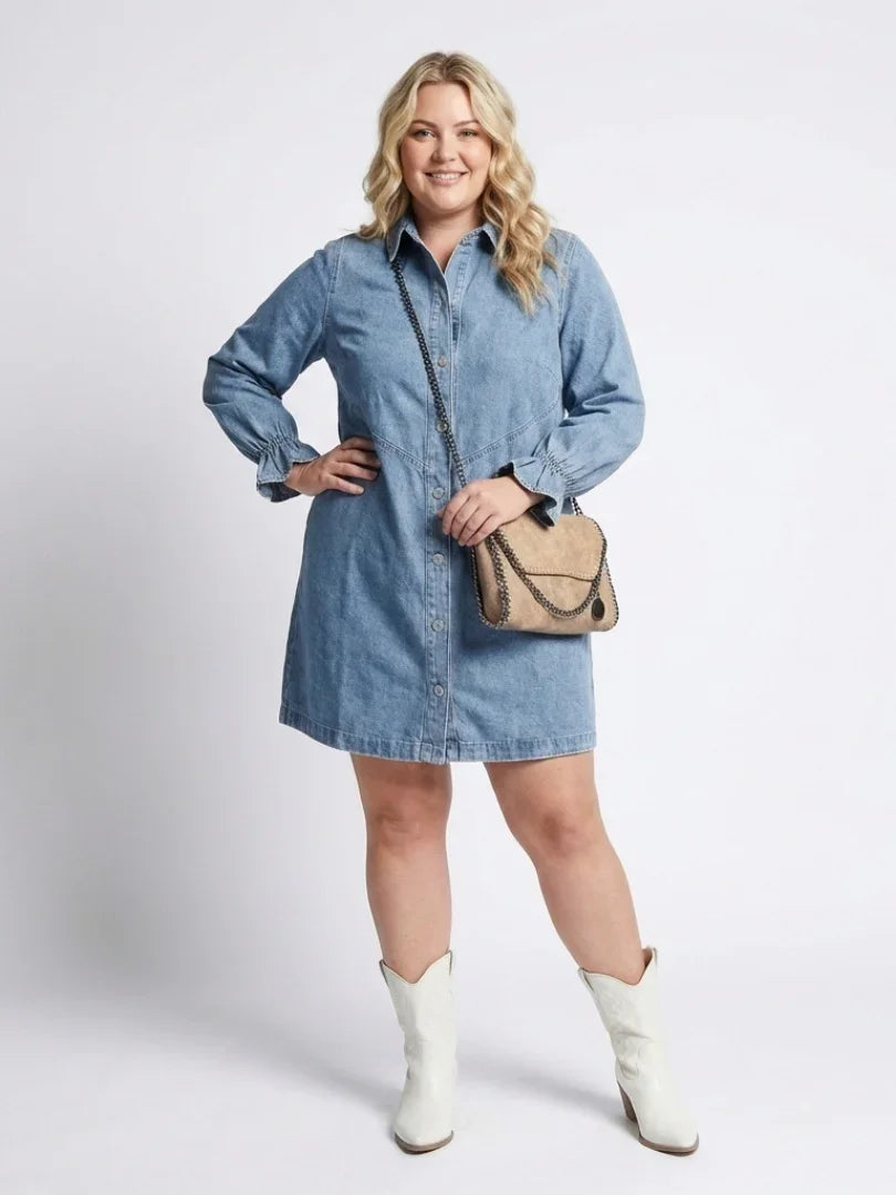 Effortless Denim Dress for Women with Collar Long Sleeve Ruffle Cuff Button Front Mini Western Style