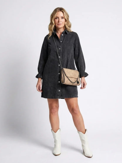 Effortless Denim Dress for Women with Collar Long Sleeve Ruffle Cuff Button Front Mini Western Style