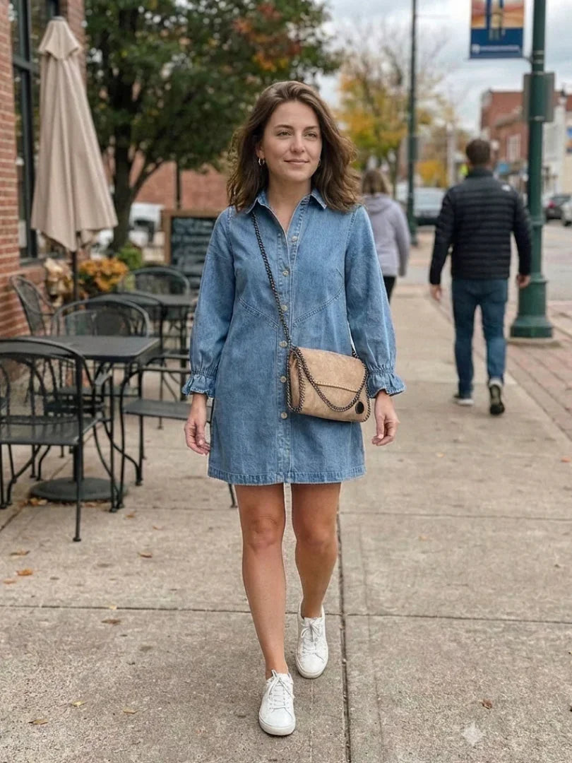 Effortless Denim Dress for Women with Collar Long Sleeve Ruffle Cuff Button Front Mini Western Style