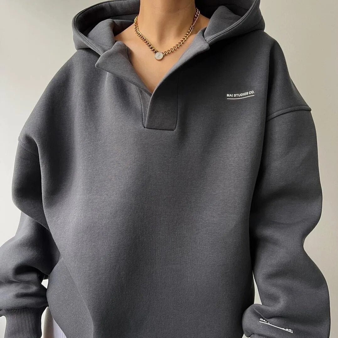 Comfortable Fleece Hoodie for Women with Polo Collar Long Sleeve Oversized Drop Shoulder Knit Style