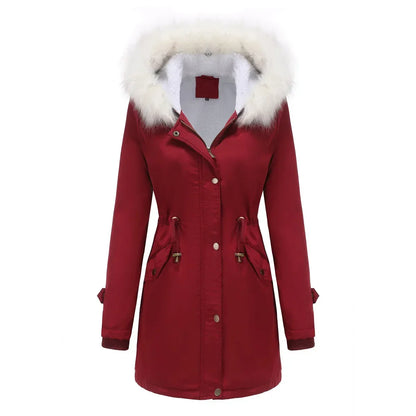 Cozy Faux Fur Trim Parka Jacket for Women with Hooded Long Sleeve Drawstring Waist Relaxed Style