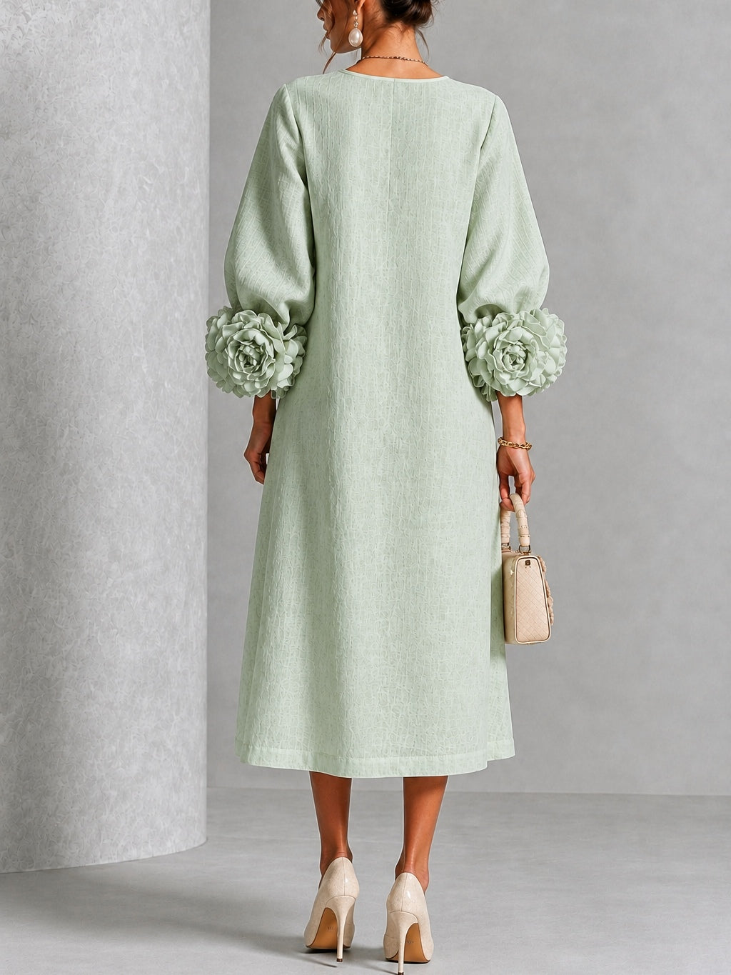 Elegant Sage Green Textured Midi Dress for Women with Round Neck Balloon Sleeve Floral Cuff Fall Wedding Guest Style