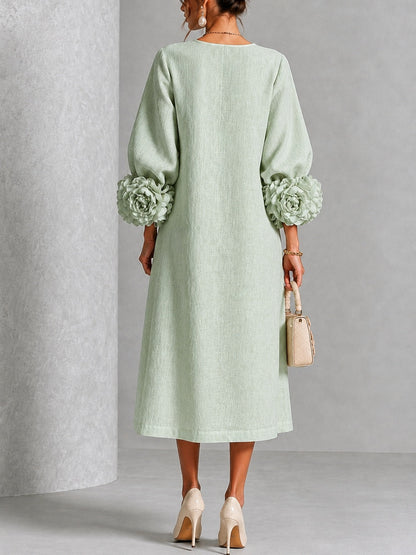 Elegant Sage Green Textured Midi Dress for Women with Round Neck Balloon Sleeve Floral Cuff Fall Wedding Guest Style