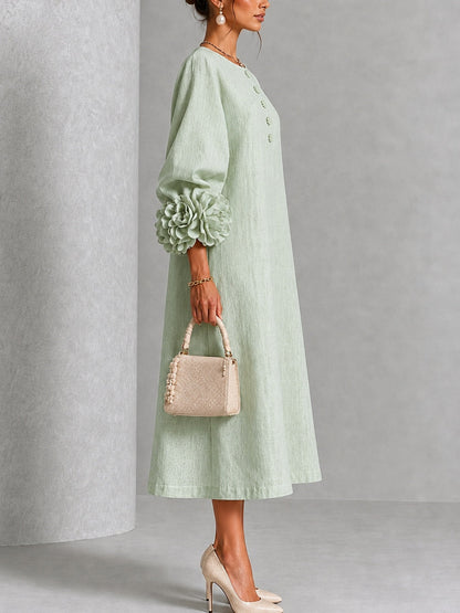 Elegant Sage Green Textured Midi Dress for Women with Round Neck Balloon Sleeve Floral Cuff Fall Wedding Guest Style
