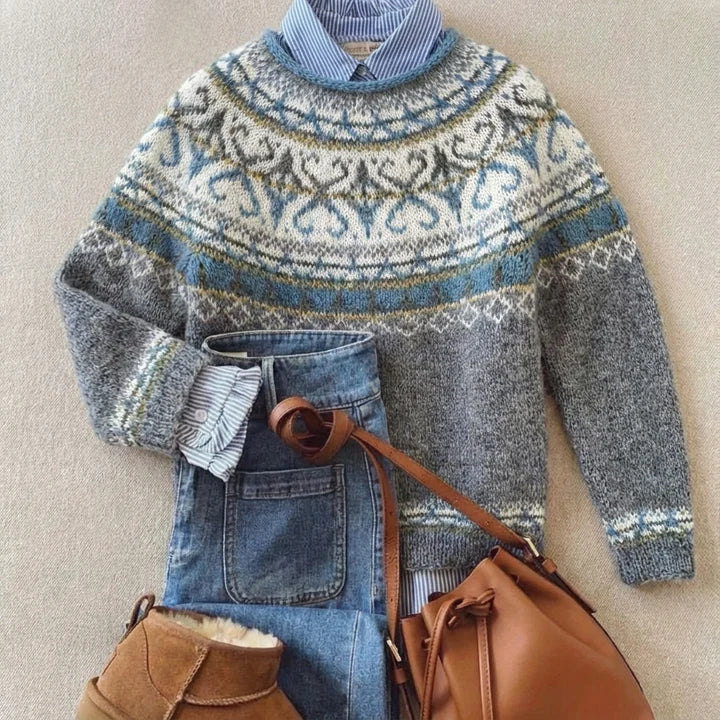 Cozy Grey Fair Isle Knit Sweater for Women with Crew Neck Long Sleeve Nordic Pullover Winter Style