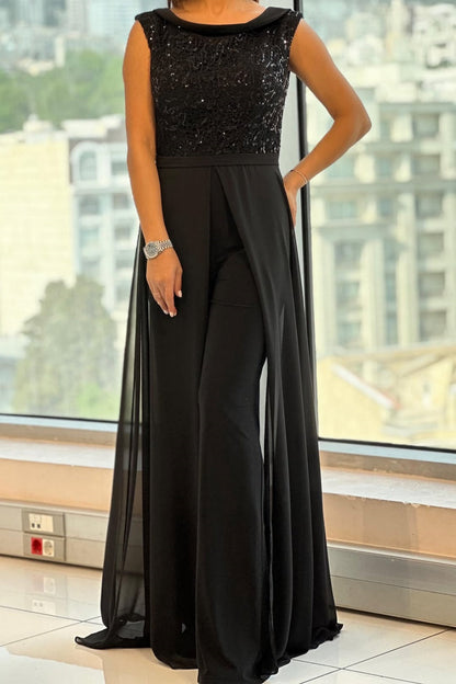 Elegant Black Sequin Jumpsuit for Women with Tulle Wide Leg and Crew Neck