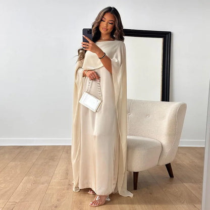 Elegant Satin Maxi Dress for Women with Boat Neck Cape Sleeve Flowing Kaftan Style