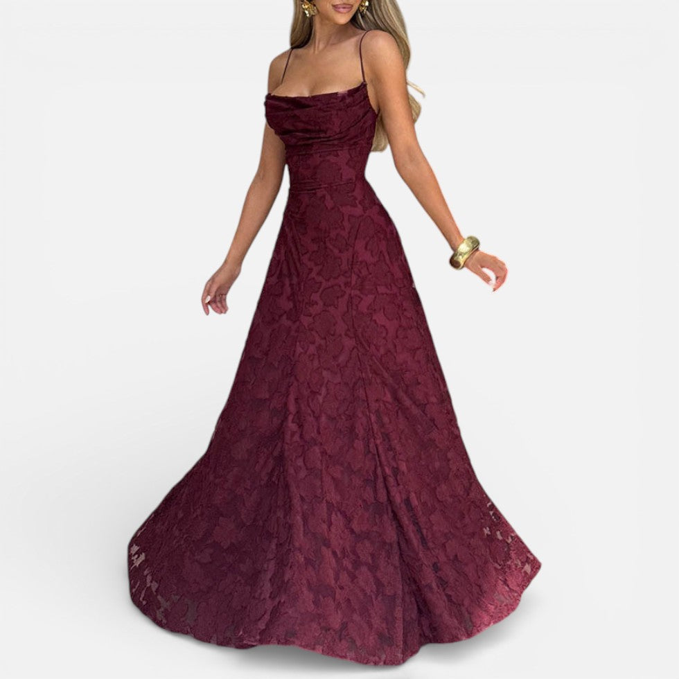 Elegant Lace Maxi Cocktail Dress for Women with Square Neck Spaghetti Strap Ruched Flowing Style