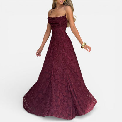 Elegant Lace Maxi Cocktail Dress for Women with Square Neck Spaghetti Strap Ruched Flowing Style