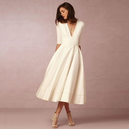 Donna | Elegant Pleated White Dress for Women in Semi Formal A Line Style