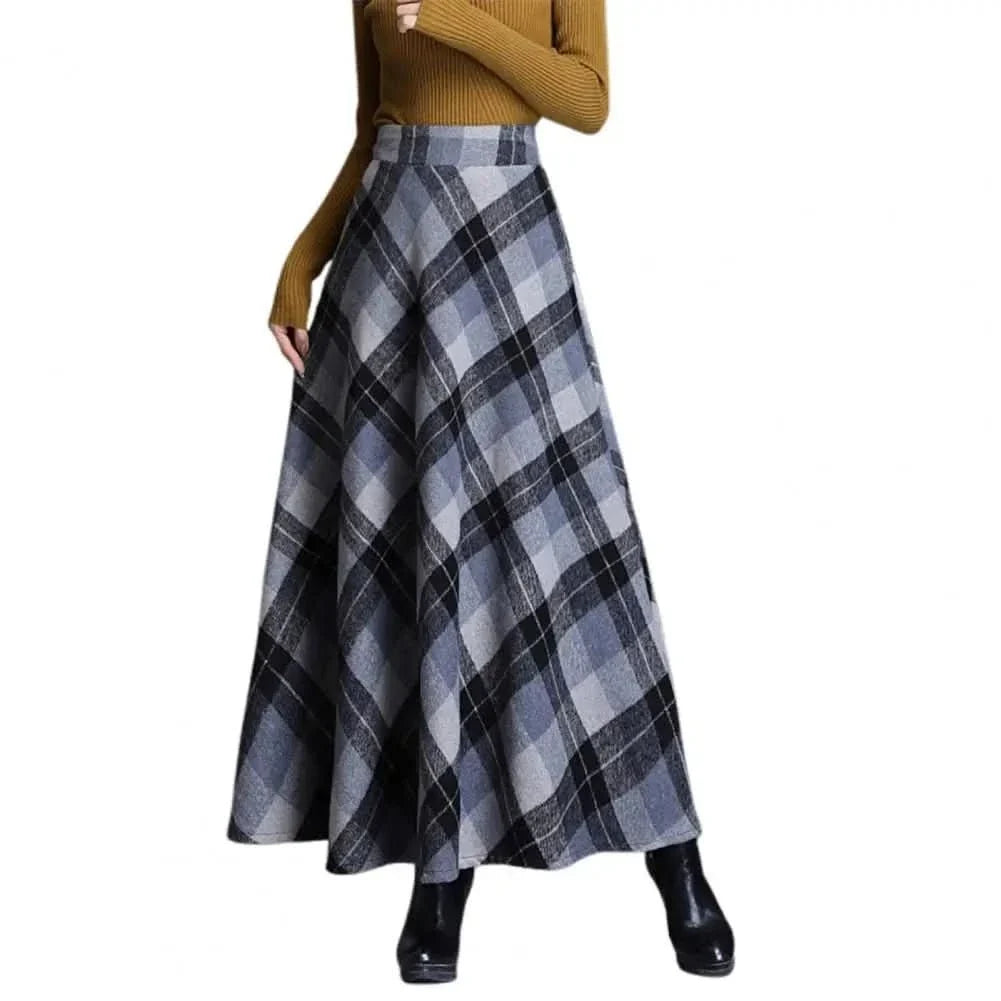 Elegant Plaid Maxi Skirt for Women with High Waist A Line Flared Flowing Style
