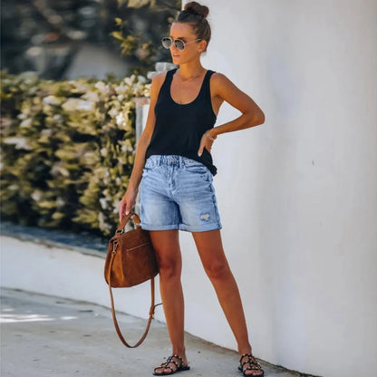 Effortless Light Blue Denim Shorts for Women with High Waist Frayed Hem Style