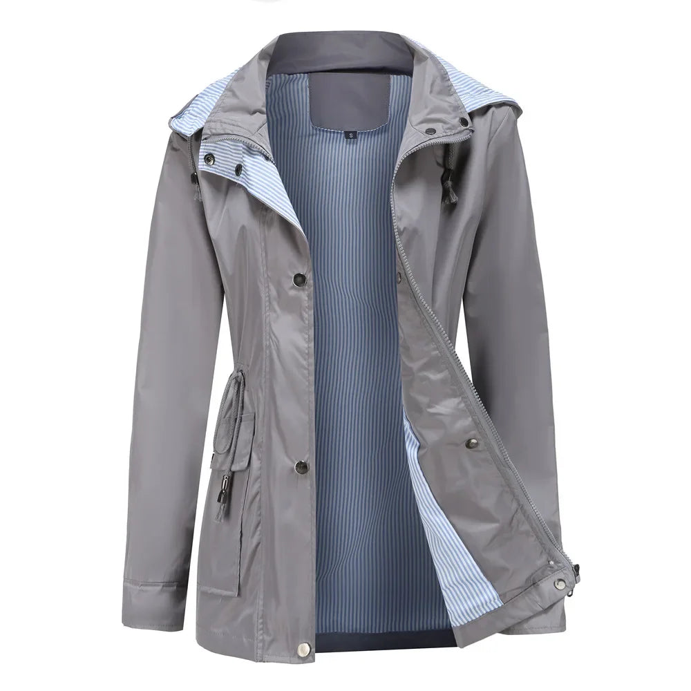Effortless Rain Jacket for Women with Hooded Collar Long Sleeve Drawstring Waist Relaxed Style
