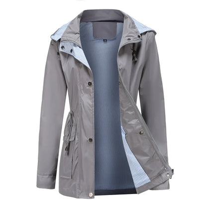 Effortless Rain Jacket for Women with Hooded Collar Long Sleeve Drawstring Waist Relaxed Style