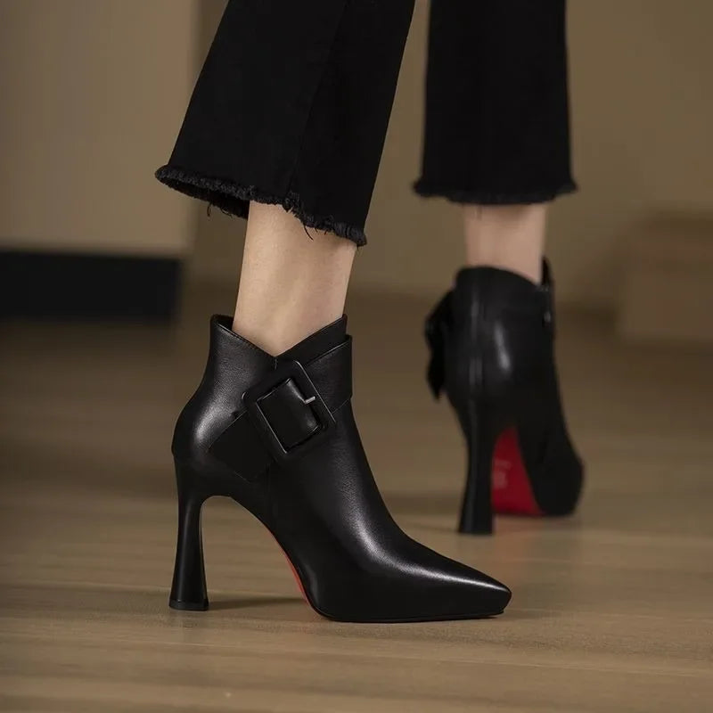 Elegant Leather Women Boots with Buckle Pointed Toe High Heel Ankle Style