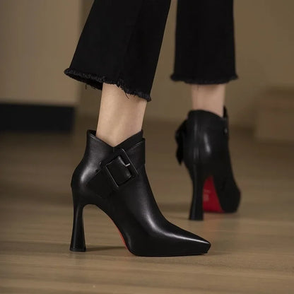 Elegant Leather Women Boots with Buckle Pointed Toe High Heel Ankle Style