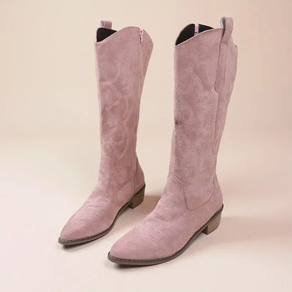Stylish Suede Embroidered Women's Boots for Women with Pointed Toe Stacked Heel Western Cowgirl Style