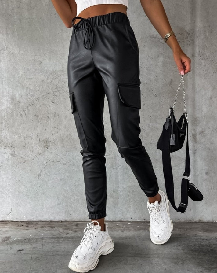 Effortless Black Faux Leather Cargo Pants for Women with Elastic Waist Drawstring Jogger Relaxed Style