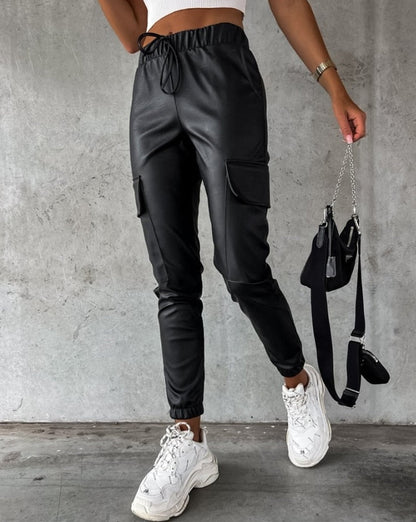 Effortless Black Faux Leather Cargo Pants for Women with Elastic Waist Drawstring Jogger Relaxed Style