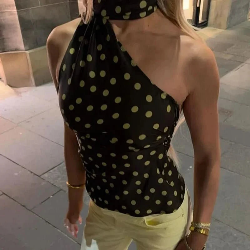 Elegant Brown Polka Dot Halter Top for Women with One Shoulder Sleeveless Ruched Satin Style