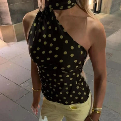 Elegant Brown Polka Dot Halter Top for Women with One Shoulder Sleeveless Ruched Satin Style