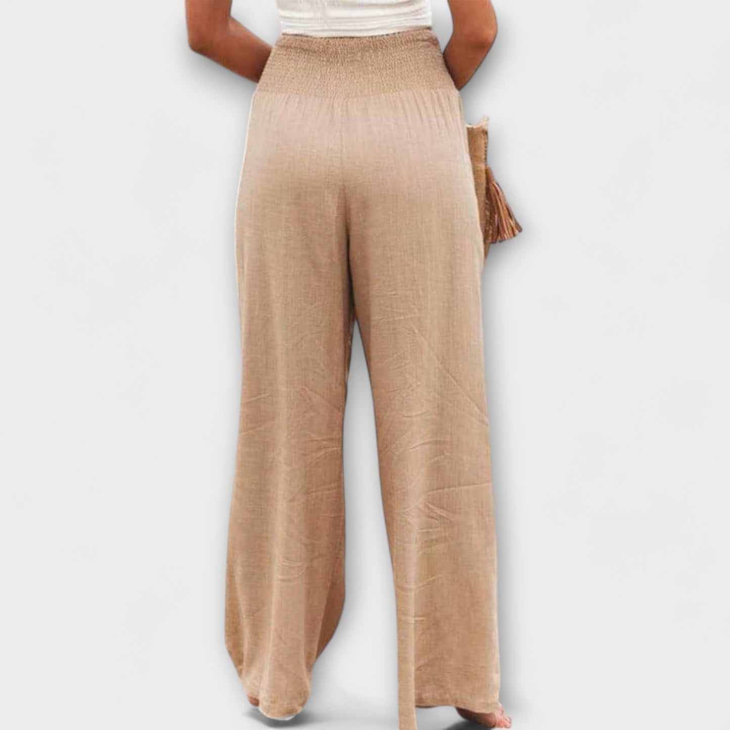 Effortless Khaki Wide Leg Pants for Women with Smocked High Waist Pleated Front Pocket Casual Style