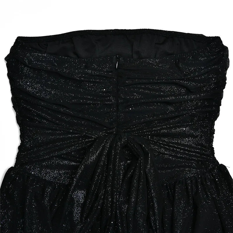 Elegant Glitter Gold Dress for Women with Strapless Ruched Bodice Bow Back Fit Flare Style