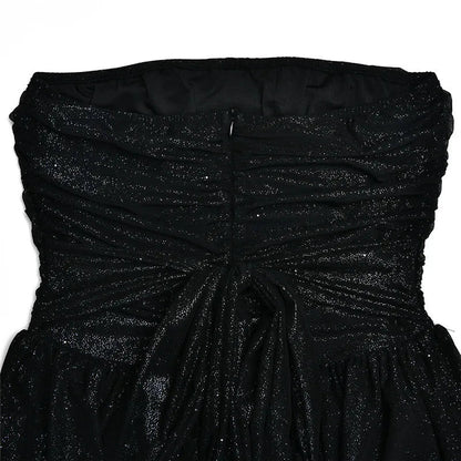 Elegant Glitter Gold Dress for Women with Strapless Ruched Bodice Bow Back Fit Flare Style