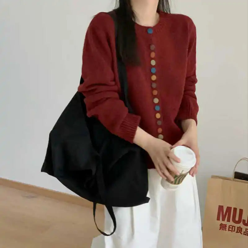 Cozy Knit Cardigan for Women with Crew Neck Long Sleeve Button Front Curved Hem Style