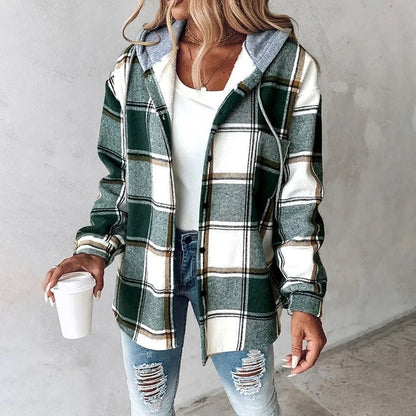 Effortless Plaid Flannel Shacket for Women with Hooded Long Sleeve Button Front Chest Pocket Oversized Style