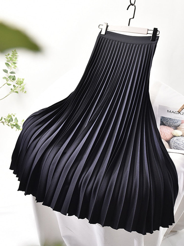 Elegant Pleated Maxi Skirt for Women with High Waist Satin Flowing A Line Style