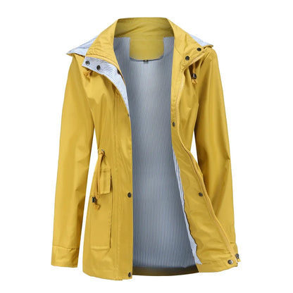Effortless Rain Jacket for Women with Hooded Collar Long Sleeve Drawstring Waist Relaxed Style